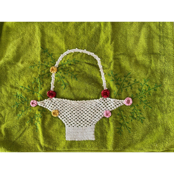 VTG Sears Green Terry Embroidered Lace Bath Towel Wash Cloth Set Flower Basket - Picture 4 of 10